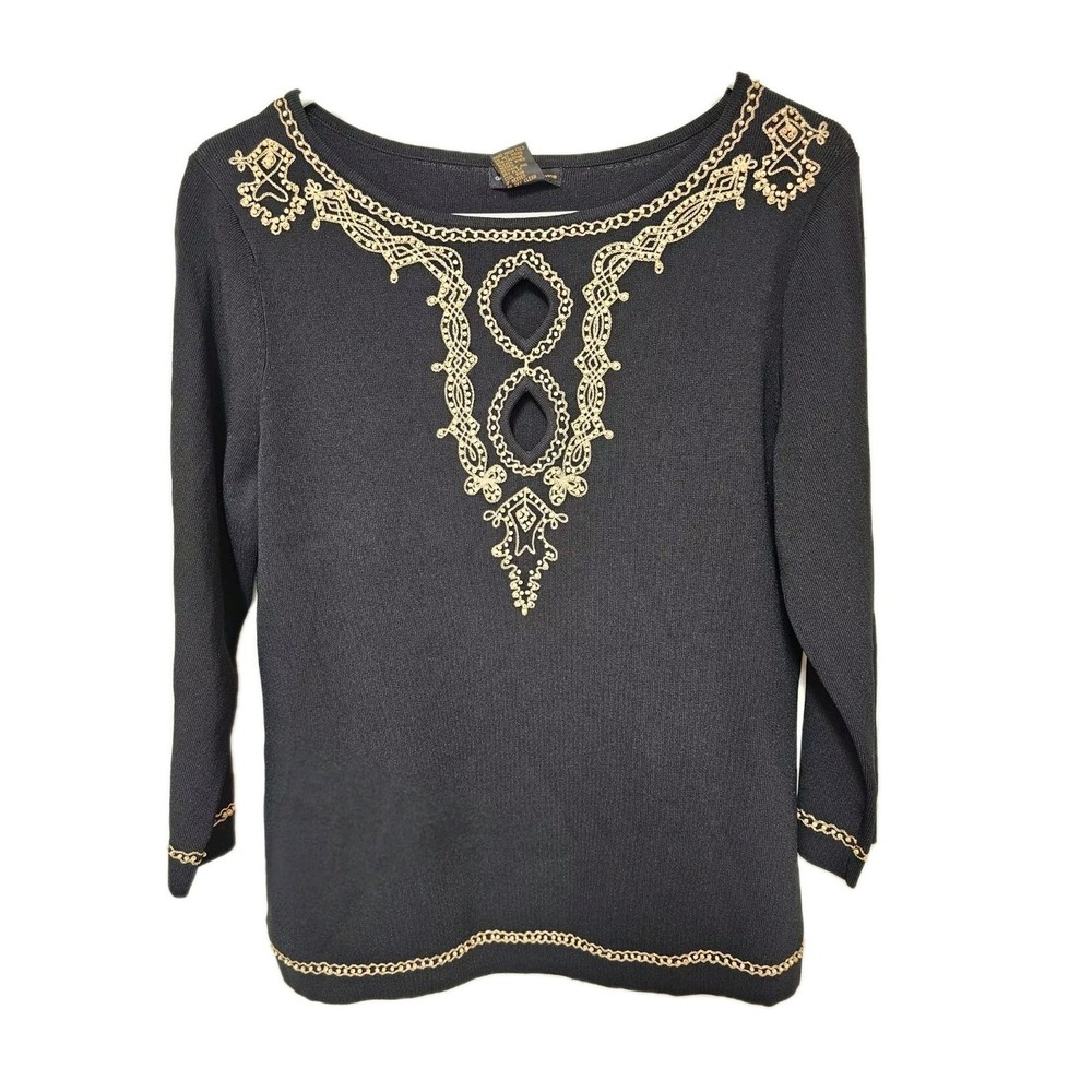 NWT Grace Dane Lewis Woman Black Sweater w/ Beaded Trim‎ Size L Moroccan Nights